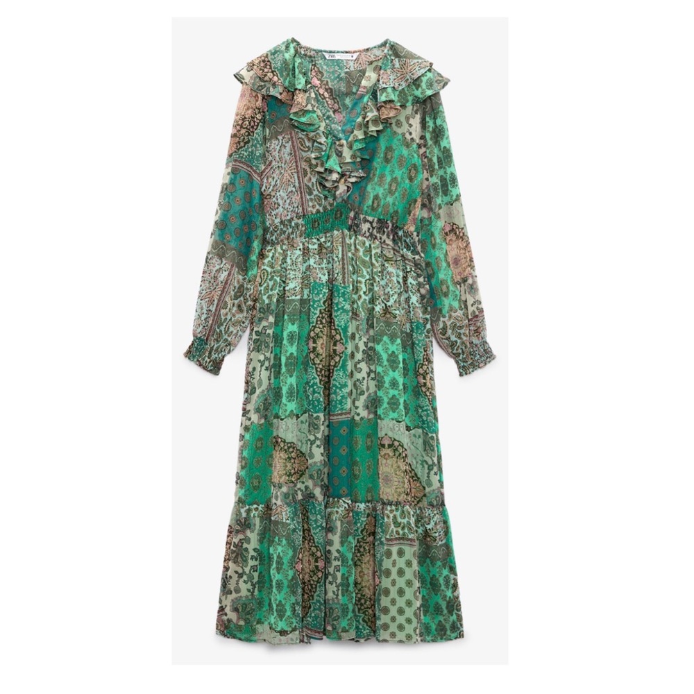 Zara Green and Brown Long Sleeve Dress